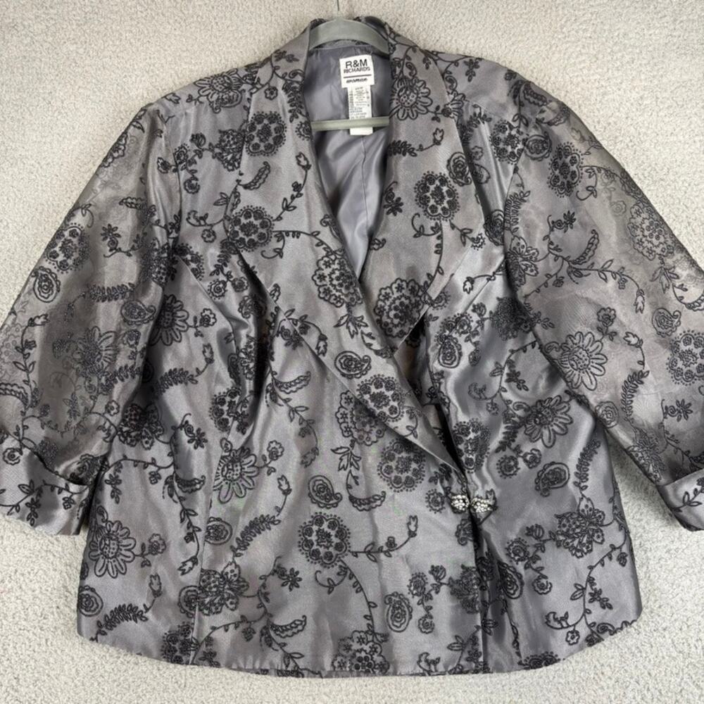 R&M Richards Jacket 26W Evening Wedding Floral Rhinestone Clasp Sheer Chiffon